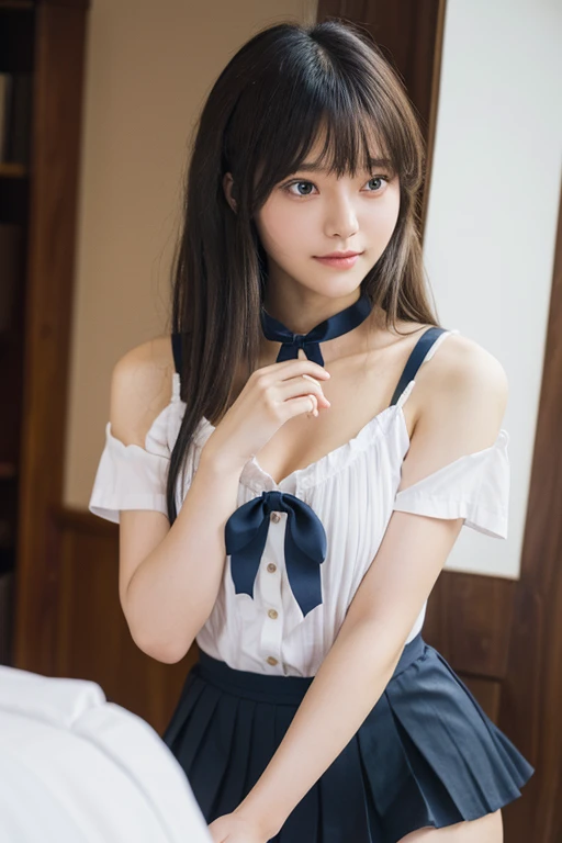 masterpiece:1.2, highest quality), (Realistic, photoRealistic:1.4), Beautiful illustrations, (Natural Side Lighting, Cinema Lighting), Written boundary depth, Looking at the audience, Front view, 1 girl standing, Japanese, high school girl, 18-year-old, Perfect Face, Symmetrical cute face, Shiny skin, Leg spread, (Bob Hair:1.7, black), Asymmetrical bangs, Big eyes, Droopy eyes, long eyelashes chest), thin, Beautiful Hair, Beautiful Face, Beautiful and beautiful eyes, Beautiful clavicle, Skinny body, Skinny breasts, Beautiful thighs, Beautiful legs, Beautiful 4 fingers and 1 thumb, Her finger picks up the hem of her skirt and puts up the hem of the skirt((High-quality fabric, Brown knitted vest, Short sleeve white collar shirt, Navy blue Pleated Skirt, Navy bow tie)), (Beautiful views), evening, (Inside the flower shop), Are standing, (smile, Superior, Open your mouth), (((Flipping Up Skirt her fingers, The skirt that the front was Flipping up, No pants, Genitals are visible))), Full Body Shot, Sexy Face, Inverted nipples,