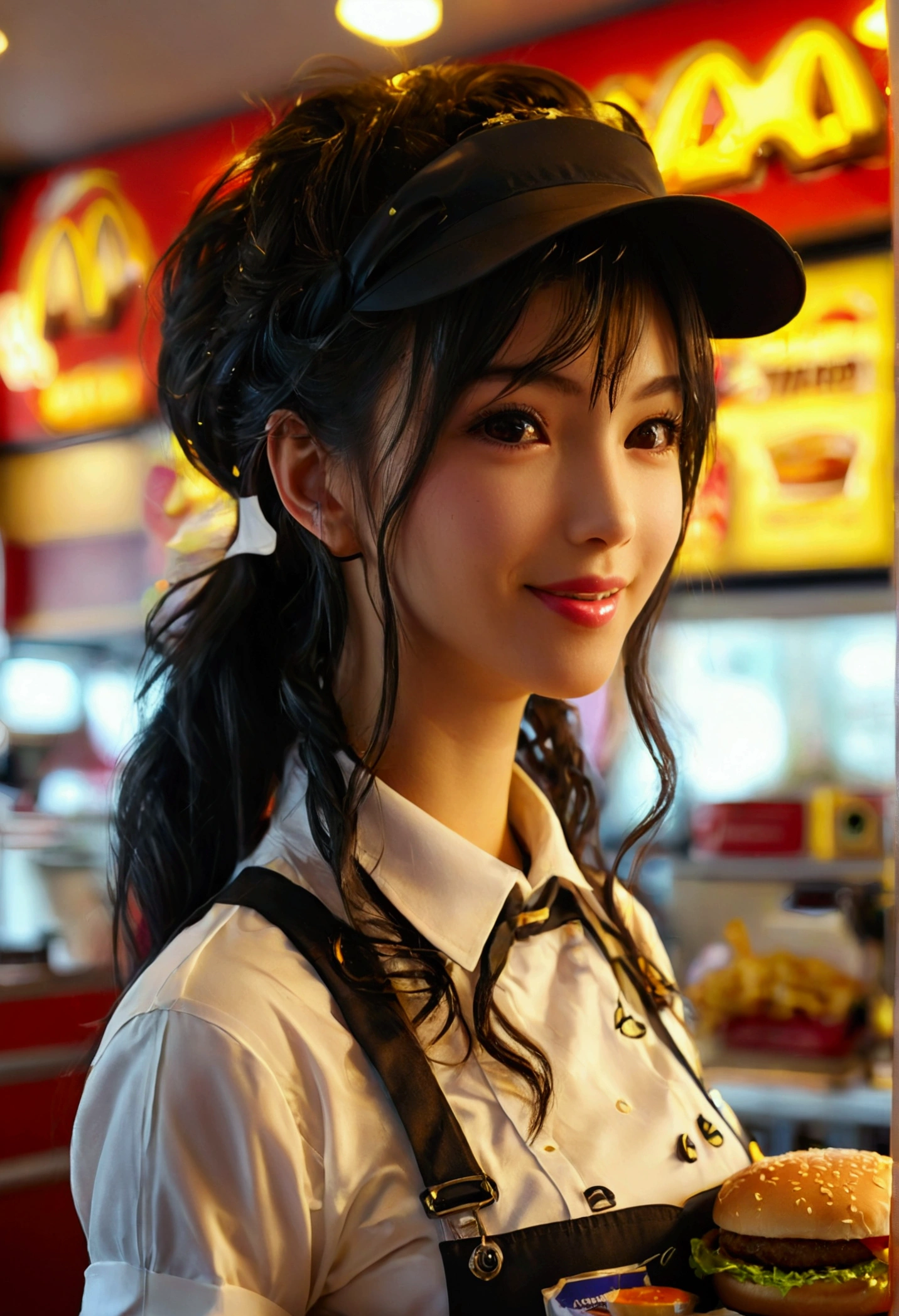 Highest quality, Super quality, 16K, Incredibly absurd, Very detailed, delicate and dynamic, SFW, Natural light, , Diffuse reflection of light, Vortex of Light, In-store pop, , Fast food restaurants, McDonald, hamburger, Sparkling, Create amazing image effects, Kitchen, Upper body close-up, (cute sexy girl, huge bouncing busts, sexy long legs, hamburgerショップの店員, Sensual expression, fine, Active, smile, Cook the patties, hamburgerを作る, Frying French fries, paper bag, Busy, Sweaty, black long hair, hamburgerショップのUniform, Store clerk uniform, hamburgerショップ店員の帽子をかぶる,)