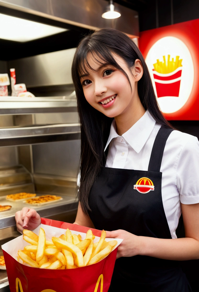 Highest quality, Super quality, 16K, Incredibly absurd, Very detailed, delicate and dynamic, SFW, Natural light, , Diffuse reflection of light, Vortex of Light, In-store pop, , Fast food restaurants, McDonald, hamburger, Sparkling, Create amazing image effects, Kitchen, Upper body close-up, (cute sexy girl, huge bouncing busts, sexy long legs, hamburgerショップの店員, Sensual expression, fine, Active, smile, Cook the patties, hamburgerを作る, Frying French fries, paper bag, Busy, Sweaty, black long hair, hamburgerショップのUniform, Store clerk uniform, hamburgerショップ店員の帽子をかぶる,)