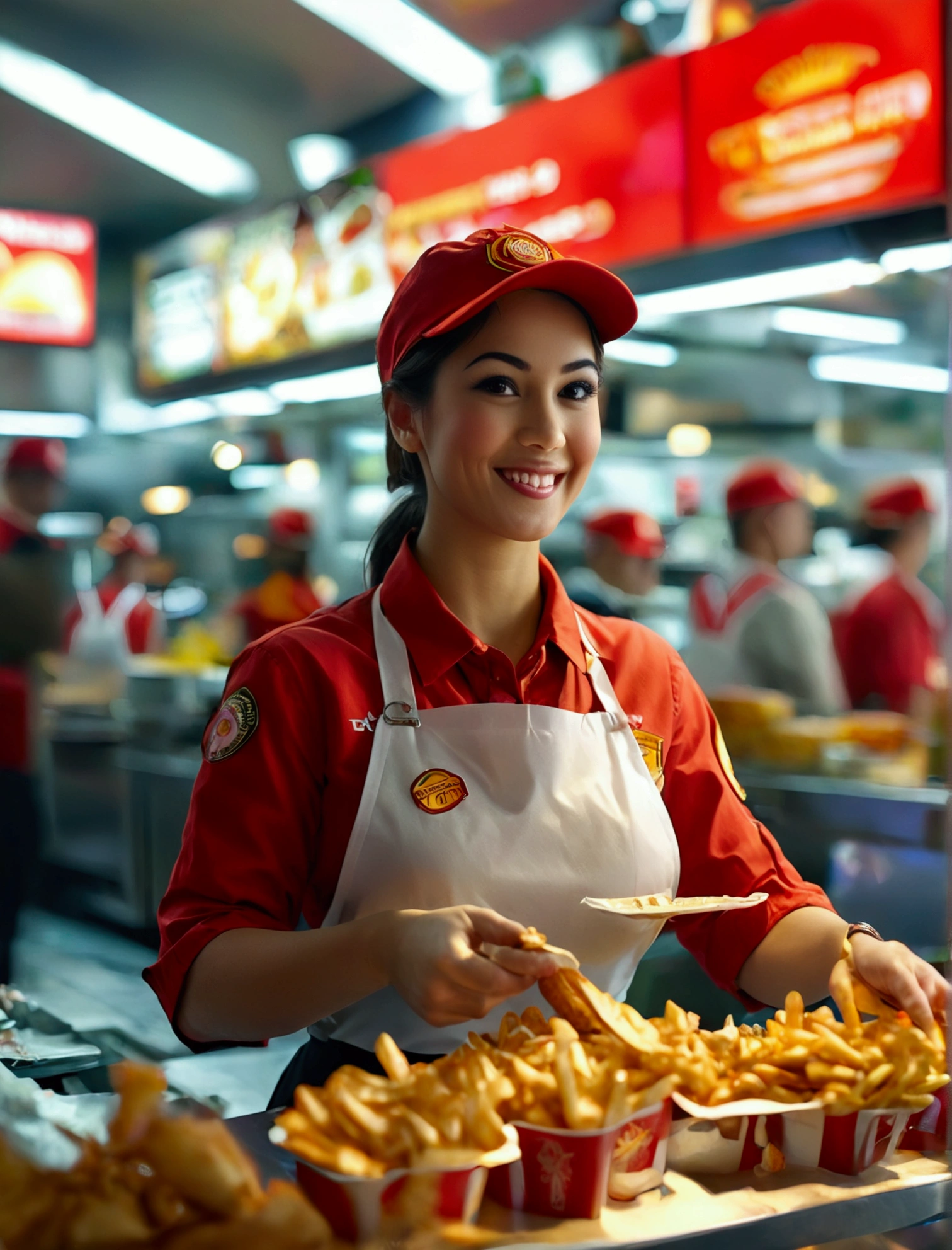 Aphotorealistic, ultra-detailed representation of a dedicated fast food worker serving customers behind the counter in an upper body shot. The individual, showcasing a genuine smile, is skillfully multitasking, handling various orders with precision and attention to detail. Their uniform, emblazoned with the familiar logos of the fast food chain, is worn neatly, and their hands move with dexterity as they assemble meals. The background is a blur of movement, customers lining up to place their orders. The scene is brightly lit, highlighting the worker's focused expression and the intricate mechanisms of the fast food assembly line. The image is shot in 8K UHD, breasts, giga_busty