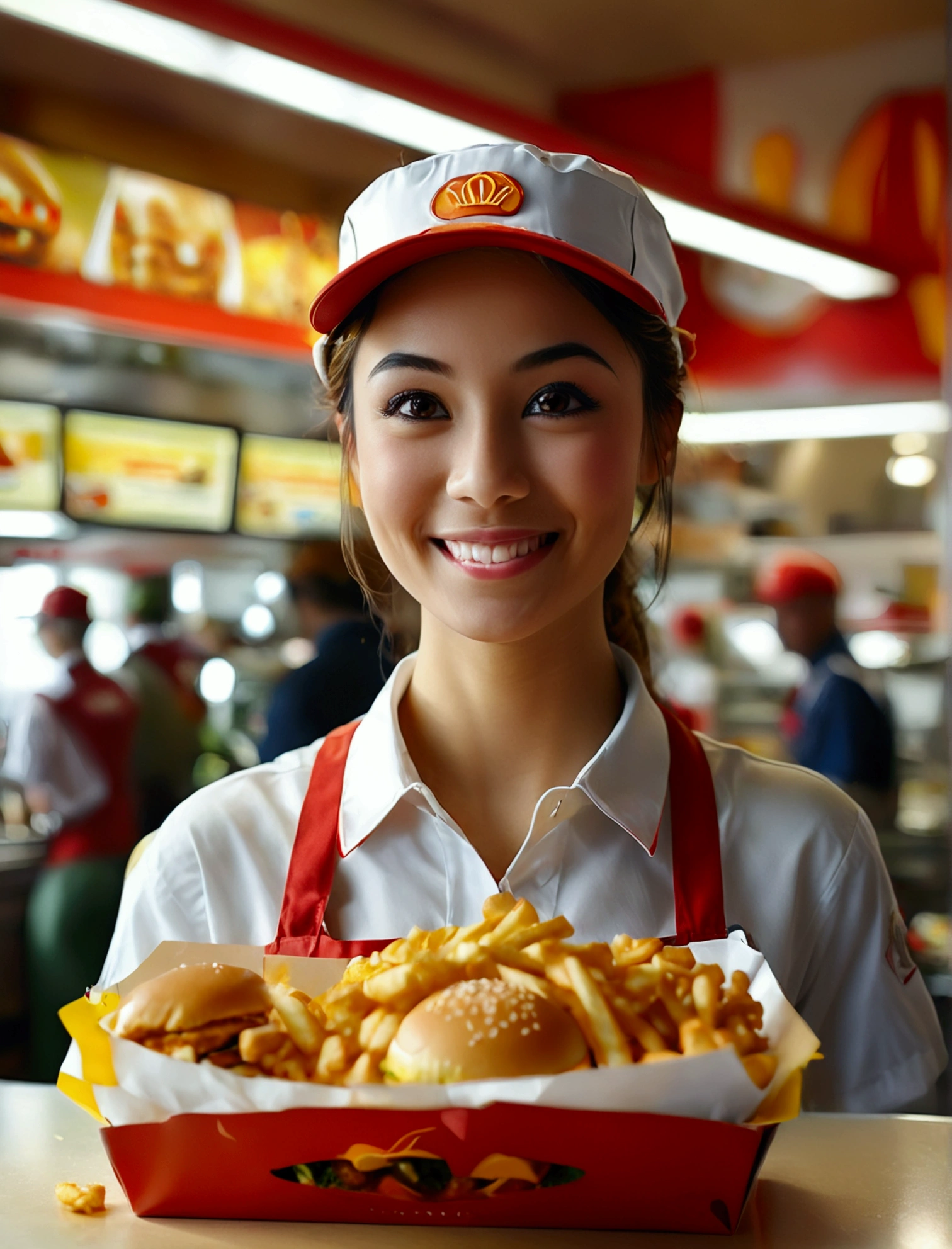 Aphotorealistic, ultra-detailed representation of a dedicated fast food worker serving customers behind the counter in an upper body shot. The individual, showcasing a genuine smile, is skillfully multitasking, handling various orders with precision and attention to detail. Their uniform, emblazoned with the familiar logos of the fast food chain, is worn neatly, and their hands move with dexterity as they assemble meals. The background is a blur of movement, customers lining up to place their orders. The scene is brightly lit, highlighting the worker's focused expression and the intricate mechanisms of the fast food assembly line. The image is shot in 8K UHD, breasts, giga_busty