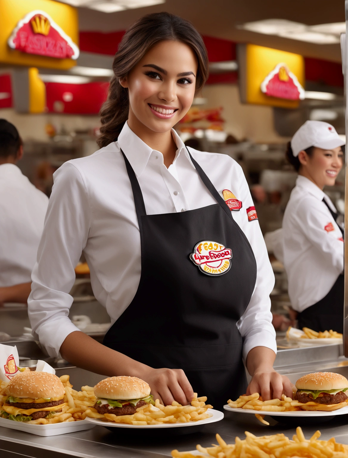 Aphotorealistic, ultra-detailed representation of a dedicated fast food worker serving customers behind the counter in an upper body shot. The individual, showcasing a genuine smile, is skillfully multitasking, handling various orders with precision and attention to detail. Their uniform, emblazoned with the familiar logos of the fast food chain, is worn neatly, and their hands move with dexterity as they assemble meals. The background is a blur of movement, customers lining up to place their orders. The scene is brightly lit, highlighting the worker's focused expression and the intricate mechanisms of the fast food assembly line. The image is shot in 8K UHD, breasts, giga_busty