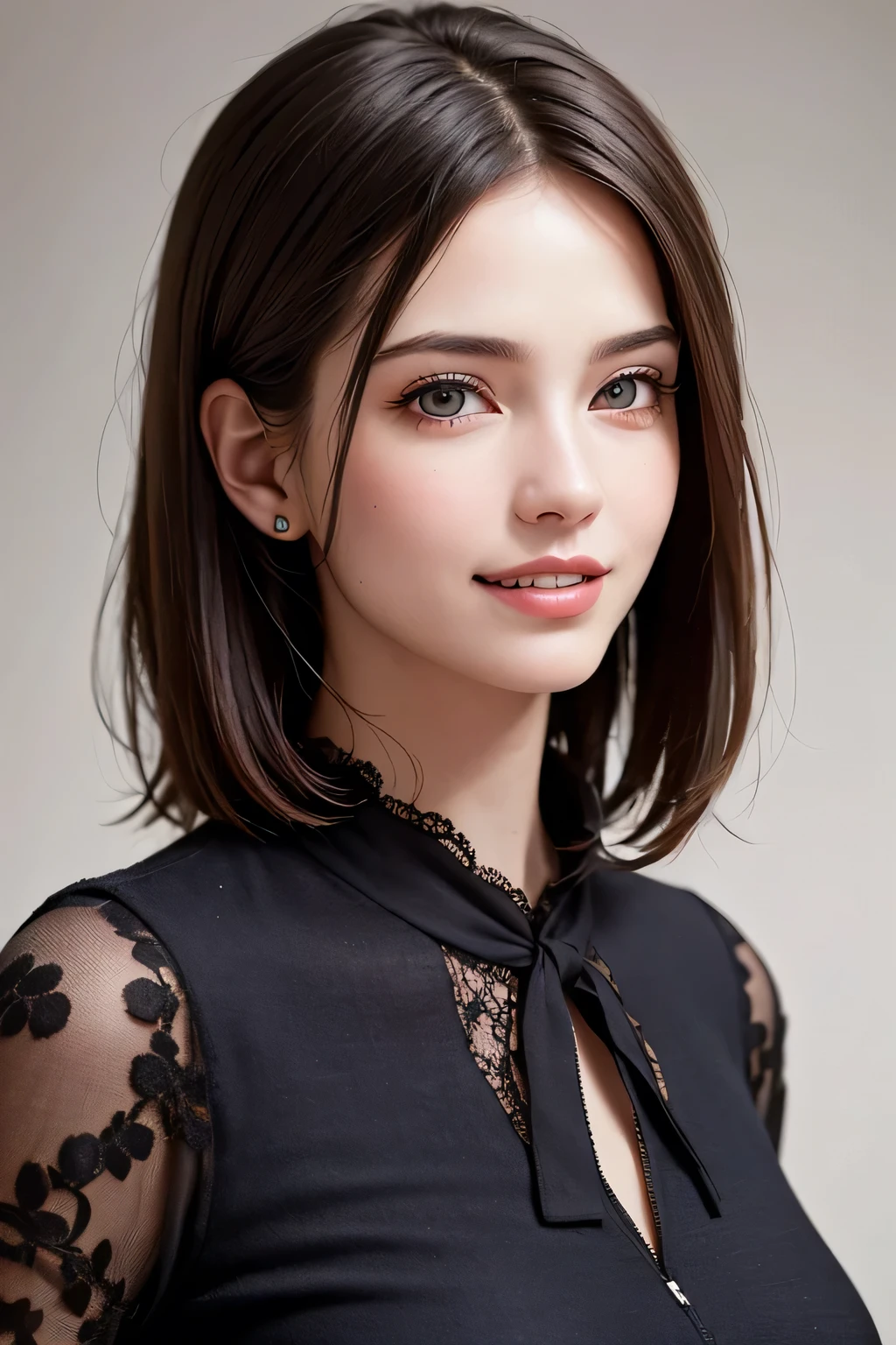 ((masterpiece)), ((Highest quality)), ((Complex)), ((Surreal)), (Realistic), (Mature Woman), ((There are no classes)), Very detailed, (1 female), Beautiful and exquisite, (Beautiful Teeth), Grin, Brunette Bob Hair, Brown eyes, ((blouse)), (Upper Body), (background:none), Perfect Eyes, Captivating eyes, Looking at the audience