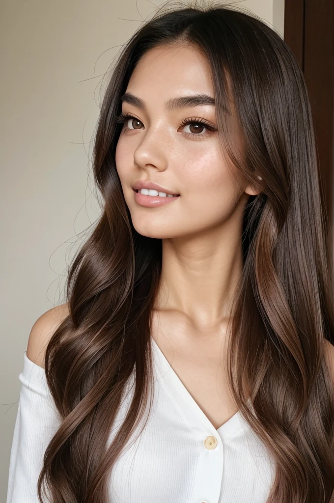 Create a girl who is 173 cm, 45 kg,
has a hourglass body, smooth and shiny white skin, small v-shaped face, aligned white shiny teeth, upturned button nose, brown siren eyes with naturally long lashes, korean straight eyebrows, naturally plump pink lips, freckles, good cheekbone structure, naturally pink cheeks, sharp jawline, long shiny and silky brunette hair with curly ends, small waist, soft shoulders, has 2 dimples