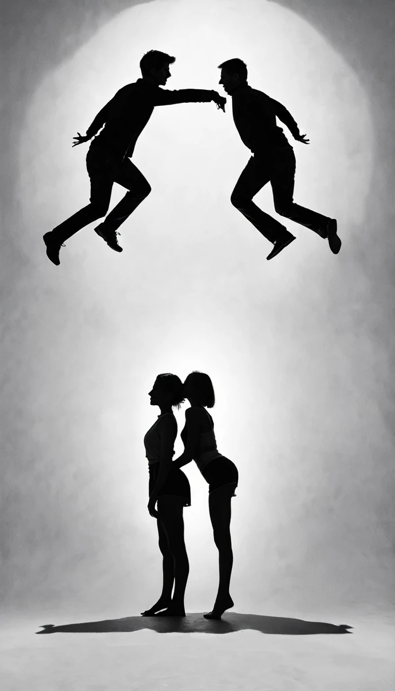 silhouette of a woman and a man going in opposite directions with their backs arched