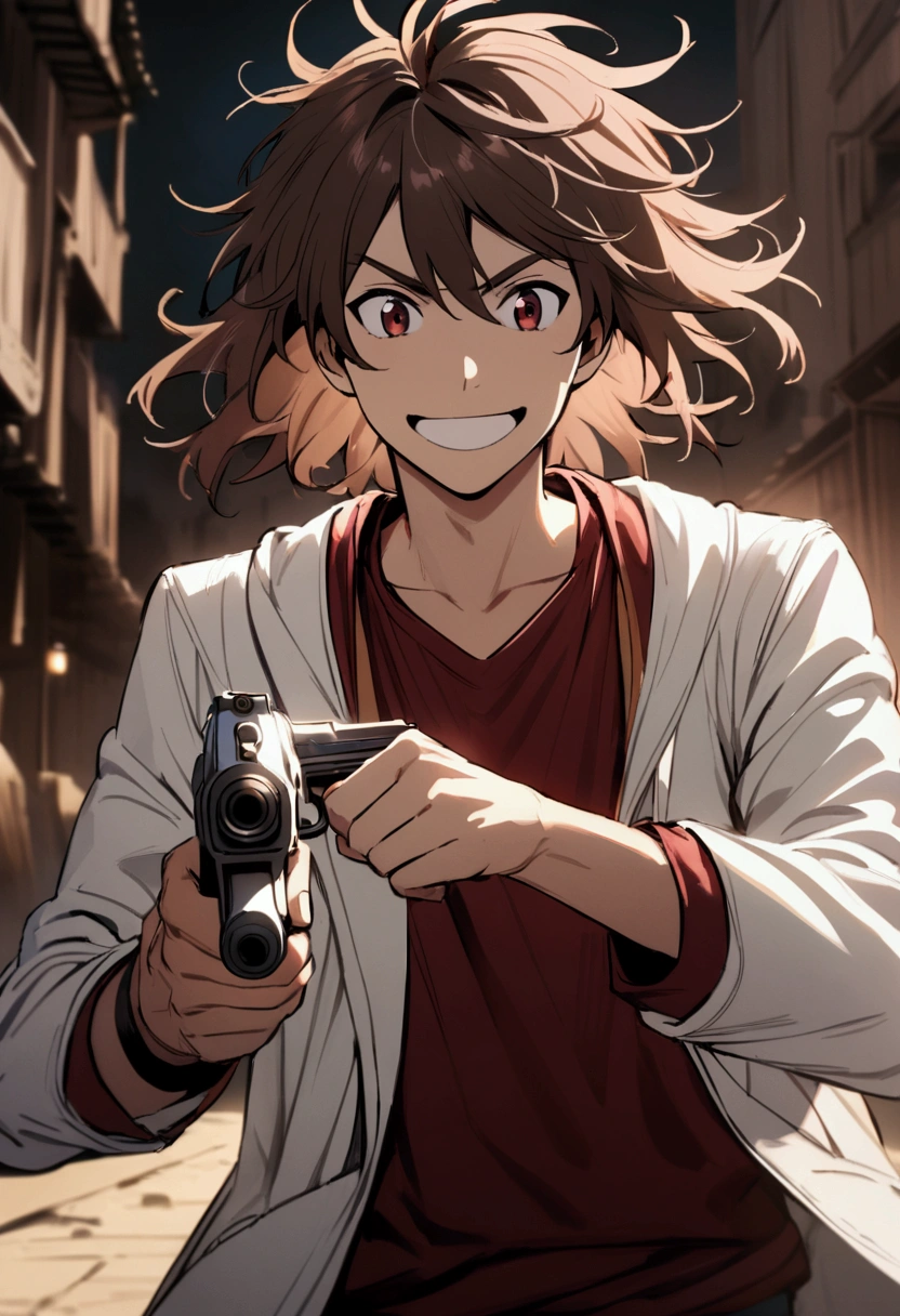 Teenage boy, Messy hair, Medium length hair, dark brown hair, excited smile, eyes black, dark red shirt, wide white jacket with details, holding a pistol in each hand