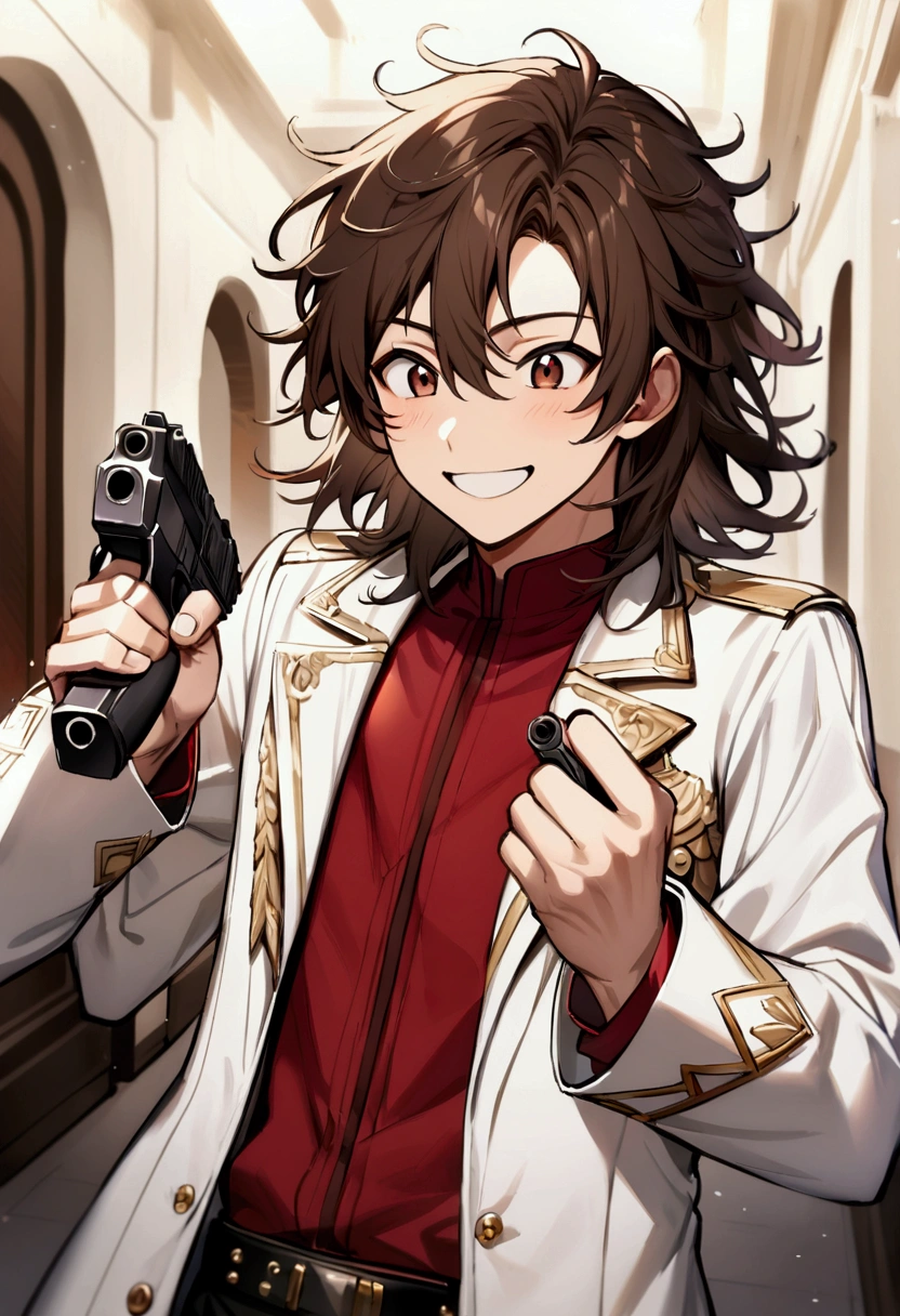 age boy, Messy hair, Medium length hair, dark brown hair, excited smile, eyes black, dark red shirt, wide white jacket with details, holding a pistol in each hand