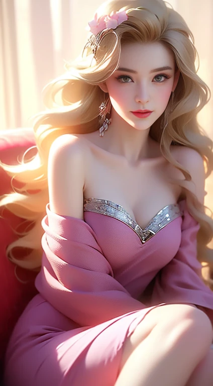 ((Cowboy shooting)), Shot from random angles, 22-year-old Japanese model, Slim, Thin waist, curls, white shirt, Off-shoulder, Pink pleated skirt, High waist, nice belt, blond hair, Warm lamps, Warm toned slender legs, Cross your legs, In the room, On the couch, Sitting, Posing for photos, pose elegantly, blond, Striped hair, hair accessories, Heart-shaped pupil, cosmetics, A faint smile, Shy, Licking lips, romanticism, social realism, Chiaroscuro, Motion blur, Relief, Sony FE General Manager, Ultra high quality, masterpiece, textured skin, Super detailed, best quality