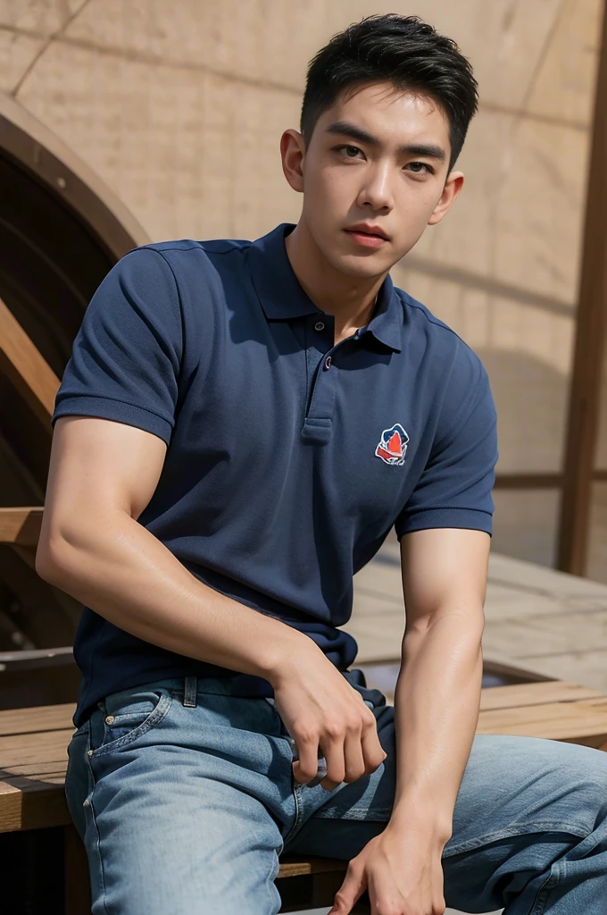 ((realistic daylight)) , Young Korean man in black sports shirt only, no pattern, denim shirt, jeans., A handsome, muscular young Asian man looks at the camera.  , in the restaurant ,turn sideways((realistic daylight)) , Young Korean man in black sports shirt only, no pattern, denim shirt, jeans., A handsome, muscular young Asian man looks at the camera.  , in the restaurant ,turn sideways, smile