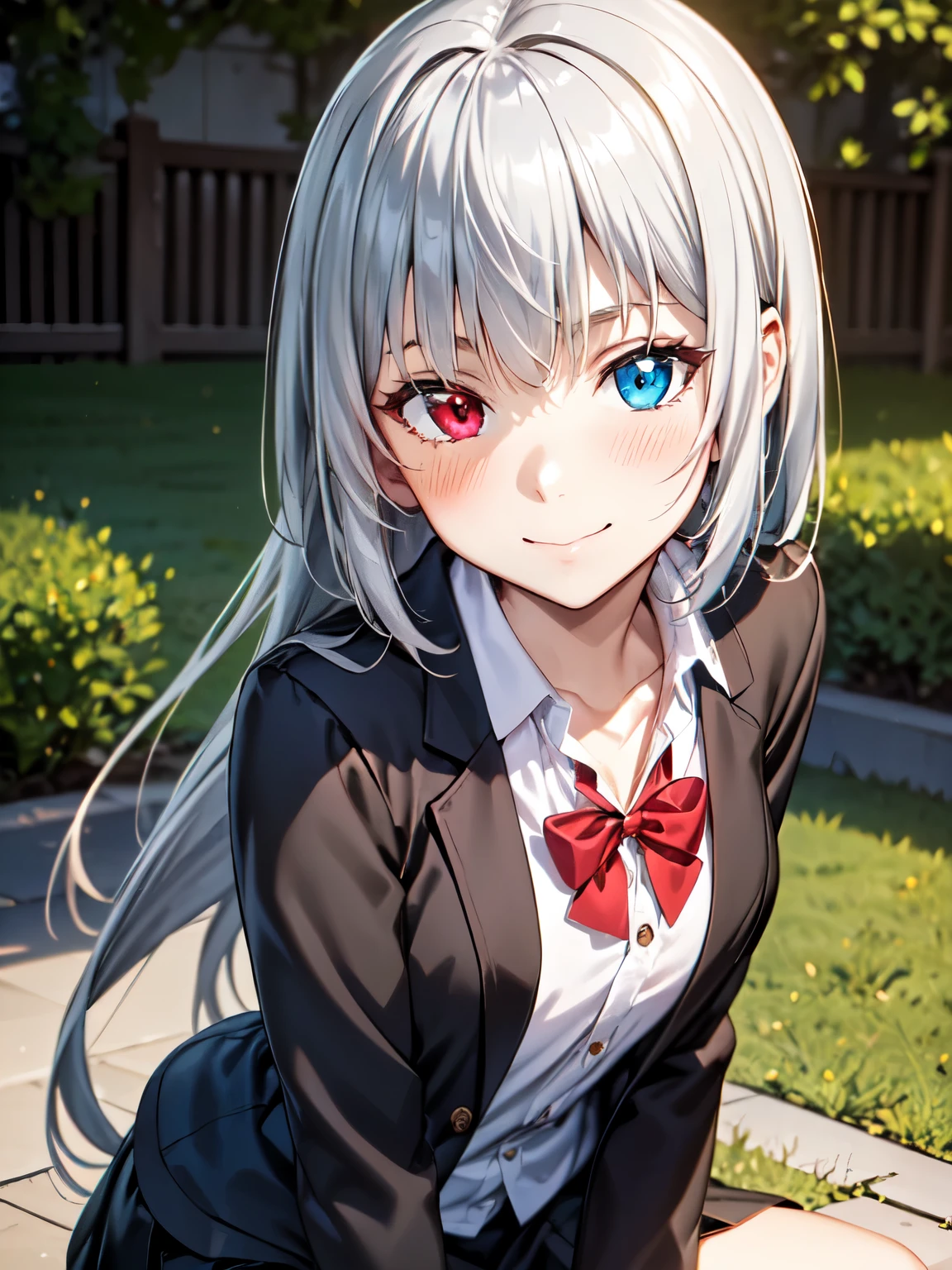 One girl, single, alone, Beautiful Anime Girls, Beautiful art style, Anime characters, ((Long Hair, bangs, Silver Hair,)), ((Heterochromia iridis、Red Eye:1.4、Blue Eyes:1.3, Round eyes, Beautiful eyelashes, Realistic eyes)), ((Detailed face, Blushing:1.2)), ((Smooth texture:0.75, Realistic texture:0.65, Realistic:1.1, Anime CG Style)), Medium chest, Dynamic Angle, Perfect body, ((Portraiture, throw)), ((Red bow tie, , Black jacket, Open jacket, Brown cardigan, White shirt, Black Skirt, Checked skirt)), smile, garden