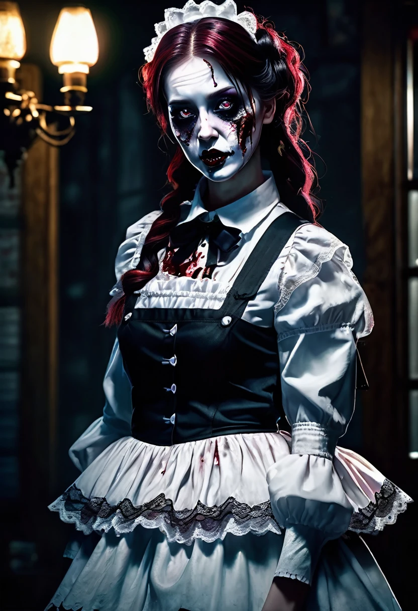 Full body shown. A zombie woman in a maid outfit, extremely detailed eyes and face, beautiful detailed lips, longeyelashes, detailed zombie skin texture, maid outfit with lace and ribbons, Halloween night, horror, dark and moody atmosphere, dramatic lighting, pale skin, sunken eyes, sharp teeth, dripping blood, brain, (best quality,4k,8k,highres,masterpiece:1.2),ultra-detailed,(realistic,photorealistic,photo-realistic:1.37),dark colors,deep shadows,cinematic,dramatic. Full body shon, show her from head to toe