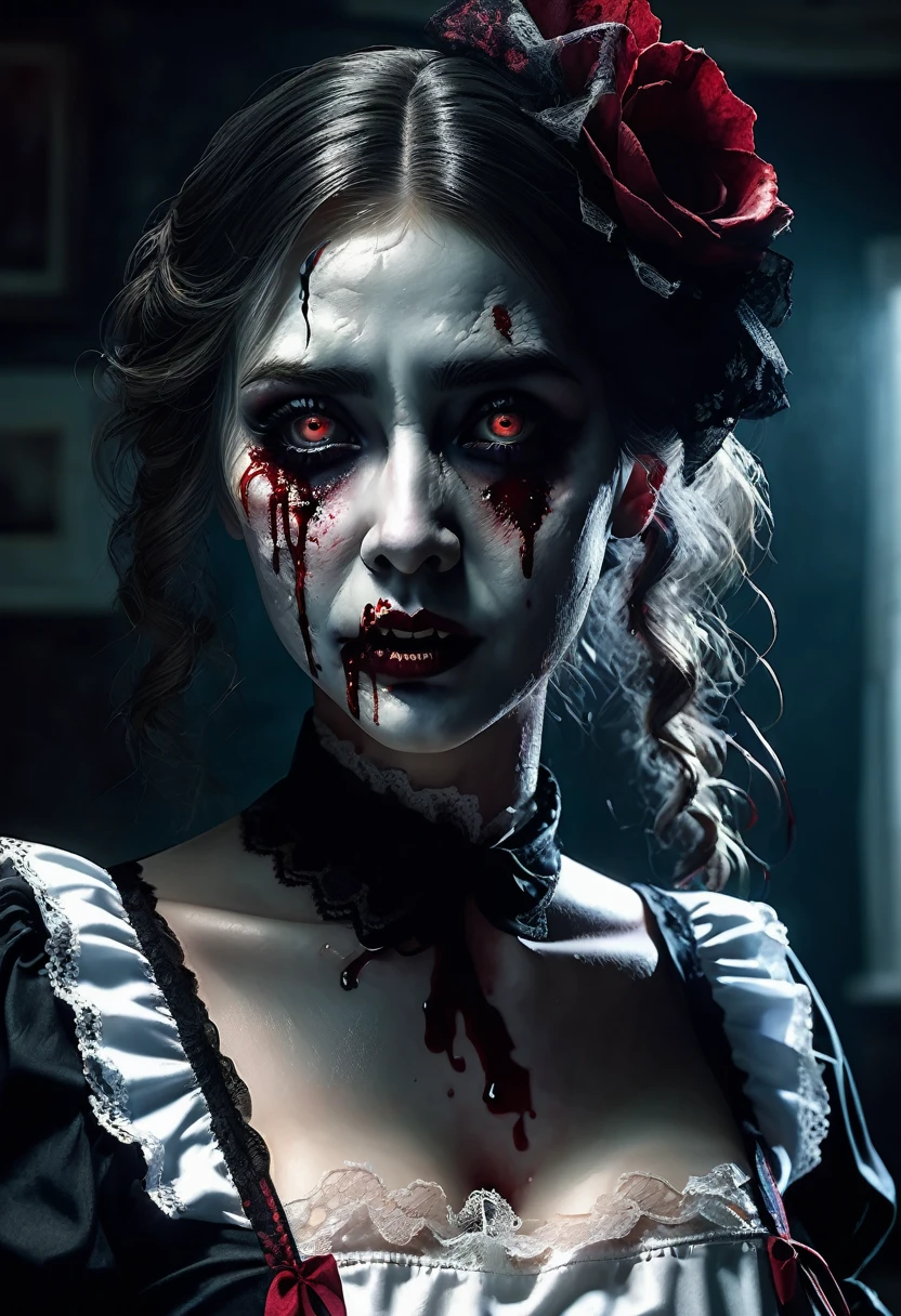 Full body shown. A zombie woman in a maid outfit, extremely detailed eyes and face, beautiful detailed lips, longeyelashes, detailed zombie skin texture, maid outfit with lace and ribbons, Halloween night, horror, dark and moody atmosphere, dramatic lighting, pale skin, sunken eyes, sharp teeth, dripping blood, brain, (best quality,4k,8k,highres,masterpiece:1.2),ultra-detailed,(realistic,photorealistic,photo-realistic:1.37),dark colors,deep shadows,cinematic,dramatic. Full body shon, show her from head to toe