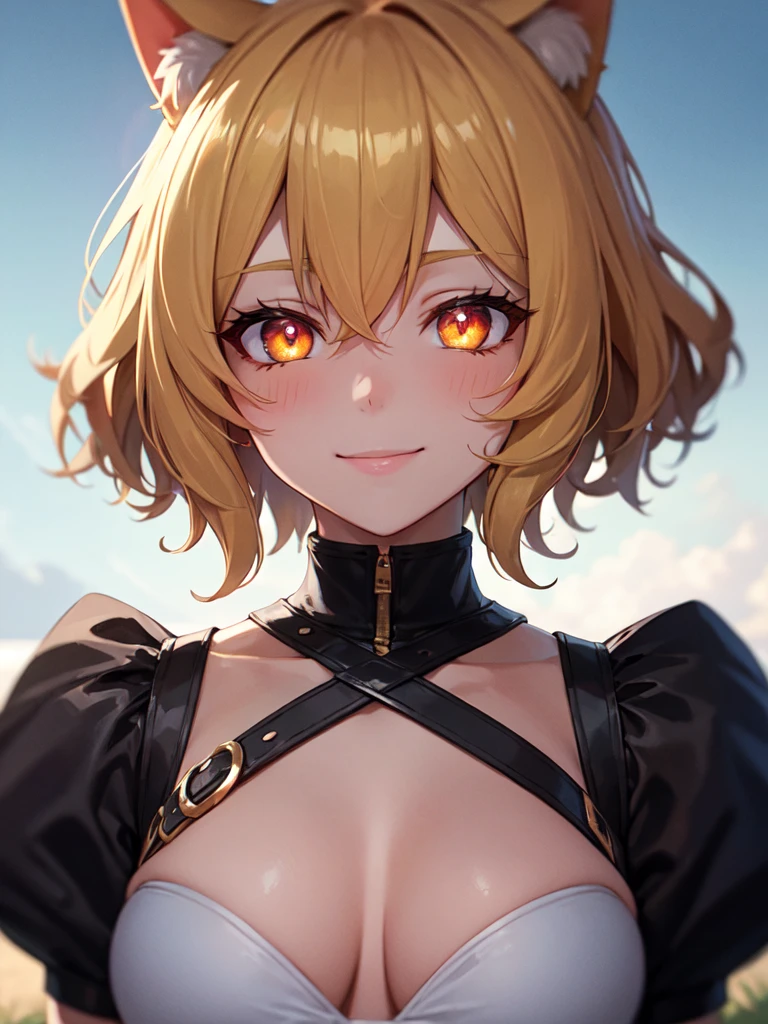 hair over shoulder, wavy hair, hair strand, shiny hair, blonde hair, eye reflection, glowing eyes, slit pupils, amber eyes, cat ears, smile, blush, glint, happy, anime, anime style, En plein air, high detail, cinematic lighting, ray tracing, reflection light, masterpiece, accurate, anatomically correct, super detail, high details, high quality, best quality, highres, 4K