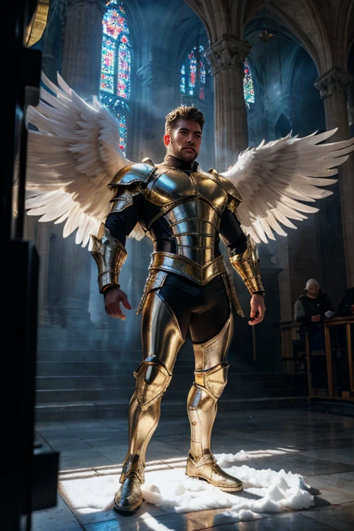 ultra high res, best quality, photo, 4k, (photorealistic:1.4), cinematic lighting, a male angel with large translucent wings,muscular man, abdominal muscle, wearing medieval gold armor, detailed feathers, cyberpunk environment, snow and environment in the background, cathedral of , portal of the future, volumetric light, HD, magic, god light, backlighting, detailed face, contrapposto,