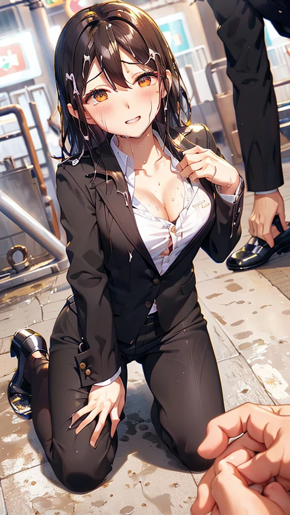 Highest,masterpiece,Highest品質,High resolution,high quality,Realistic,Medium Hair,Business Bags:1.2,Wet髪,Pants Style,High heels, Collared shirt,Chest small breasts,Black jacket,business suit:1.5,sit,Kneel,Pinch your hands between your thighs,Wet,Sweat,orgasm,Fair skin,Oily skin,ID card,White chocolate:2.0,Embarrassed face:1.2,Several men in the background