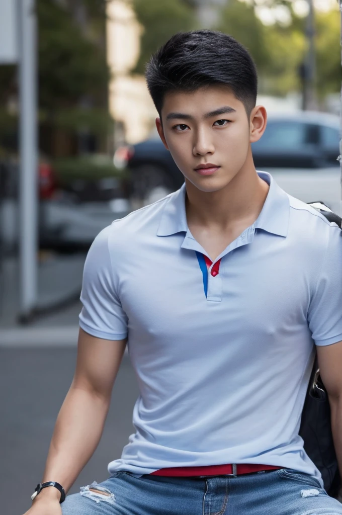 ((realistic daylight)) , Young Korean man in a black polo shirt and jeans, A handsome, muscular young Asian man looks at the camera. In a simple t-shirt blue and red , roadside traffic ,((look sideways))