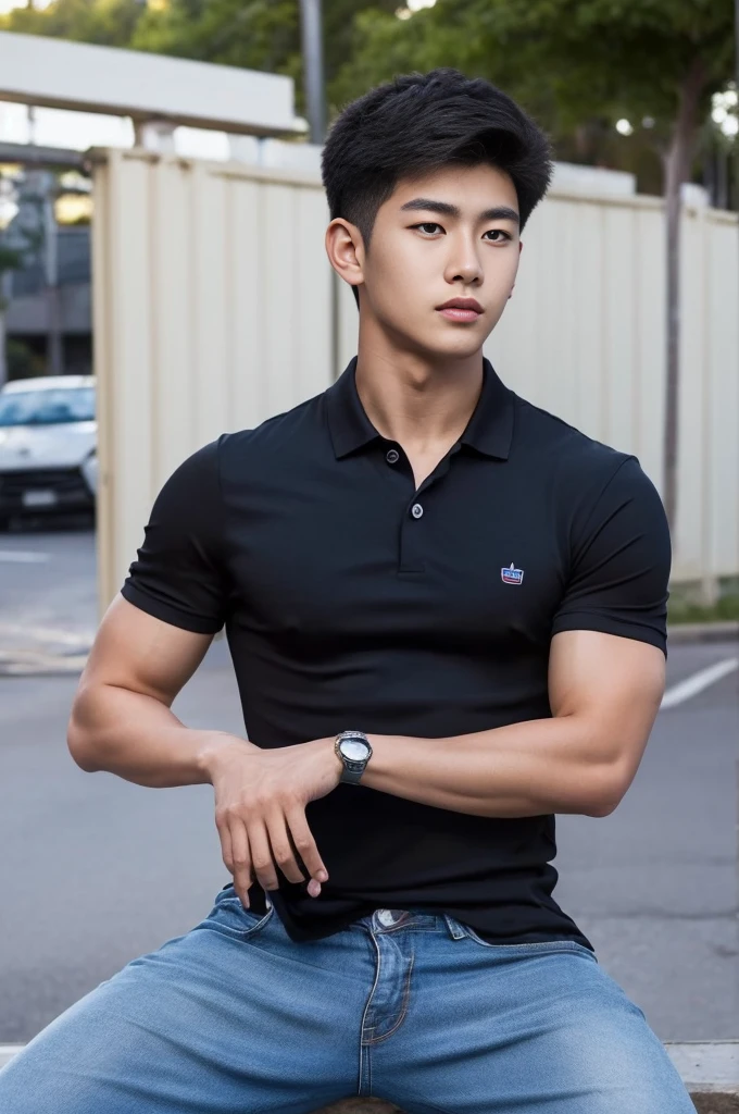 ((realistic daylight)) , Young Korean man in a navy blue polo shirt and jeans, A handsome, muscular young Asian man looks at the camera. In a simple t-shirt blue and red , roadside traffic ,((look sideways))