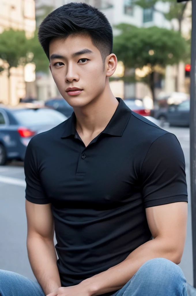 ((realistic daylight)) , Young Korean man in a black polo shirt and jeans, A handsome, muscular young Asian man looks at the camera. In a simple t-shirt blue and red , roadside traffic ,((look sideways))
