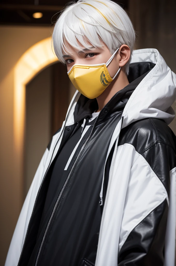 A boy with white hair with a yellow streak wearing a mask