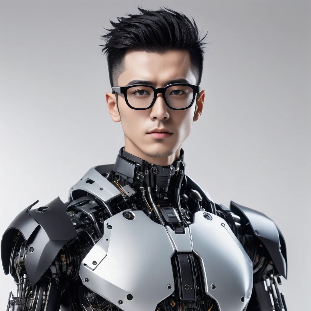 Male robot body hair with black-rimmed glasses with undercut hair, Look to the camera ::futuristic cyberpunk style ,realistic styling ::n_digital painting style, robotic parts, face perfect::seed 1、Black Edged Hair、large nose、Black-based clothing, photo by full body, White background