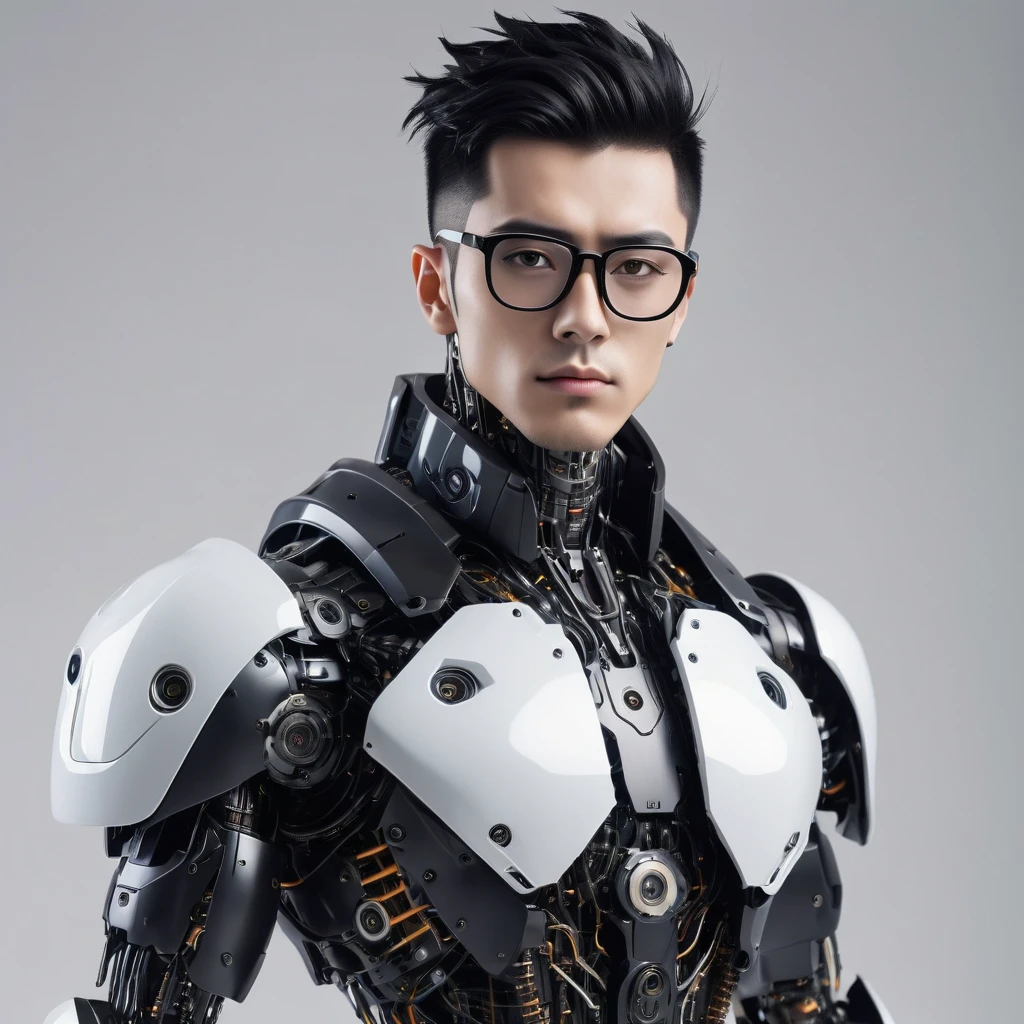 Male robot body hair with black-rimmed glasses with undercut hair, Look to the camera ::futuristic cyberpunk style ,realistic styling ::n_digital painting style, robotic parts, face perfect::seed 1、Black Edged Hair、large nose、Black-based clothing, photo by full body, White background