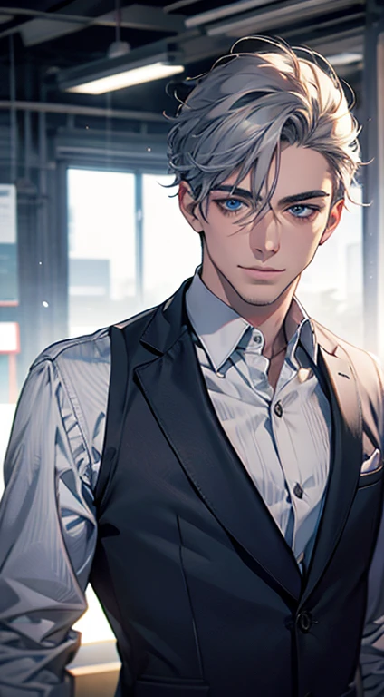 (best quality,4k,8k,highres,masterpiece:1.2),ultra-detailed,(realistic,photorealistic,photo-realistic:1.37),1 man,31 years old,mature man,very handsome,without expression,smile,short grey blue hair,blue eyes,penetrating gaze,perfect face without errors,imposing posture,businessman,office background,cinematic lighting,hdr image