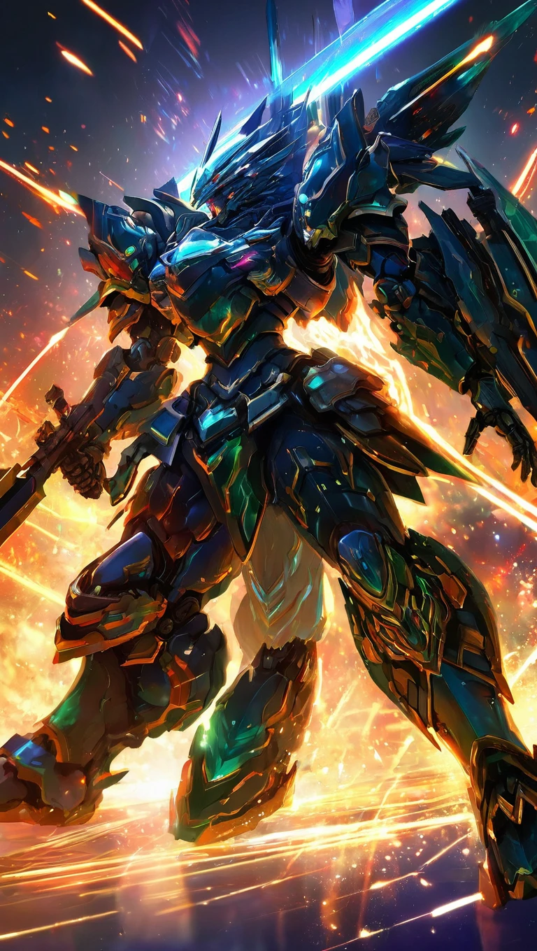 concept art of (RRS:1.4), motion blur, light trail, (hologram:1.5),(mecha armor:1.2), (fighting pose:1.5), (dutch angle:1.5), battlefield, (extreme detailed armor:1.5), (detailed weapon :1.2), (holding weapon:1.5), digital artwork, illustrative, painterly, matte painting, highly detailed, full screen