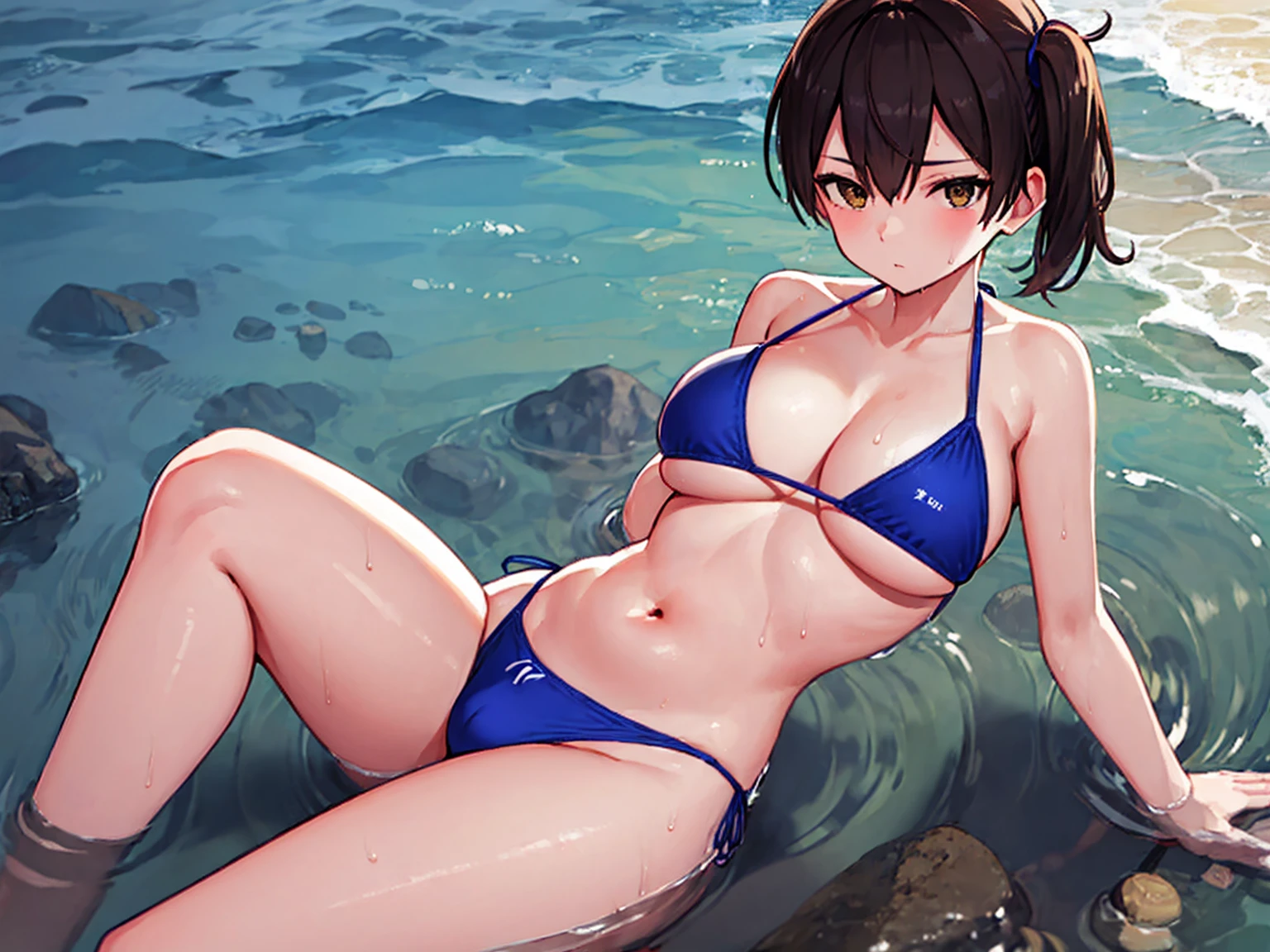 Beautiful illustration、top-quality、Kaga_kantaicollection
brown_hair, Side_Ponytail, brown_Eyes, Short_hair, gigantic_tits, long_hair、Blue Bikini、is sitting、The background is the coast,crotch,groin,apart_legs,wet,oil.(plump:0.7)