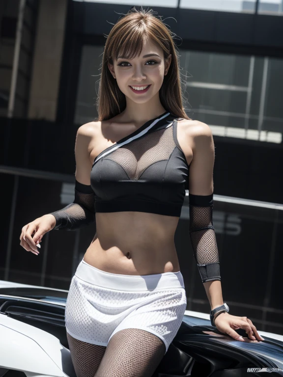 (((One-shoulder mesh girls outfit))),(((Dynamic pose))),(((Abdominal Peek))),(((Show lower chest ))),(((Miniskirt lift))),(((Bare inner thighs))),(((Formula One racing car display))),Urzan-6500-v1.1, (Original photo:1.2), (Realistic:1.4), Beautiful and delicate girl, Very detailedな目と顔, Beautiful and delicate eyes,(Brown Skin), Very detailed, High resolution, Highest quality,masterpiece, Very detailed, 8k wallpaper, wonderful, Fine details, Highest quality, There is Light on the face,Light,One Girl,),Beautiful Eyes,smile,Open your mouth,(sports car)),((car)),((motor Show))