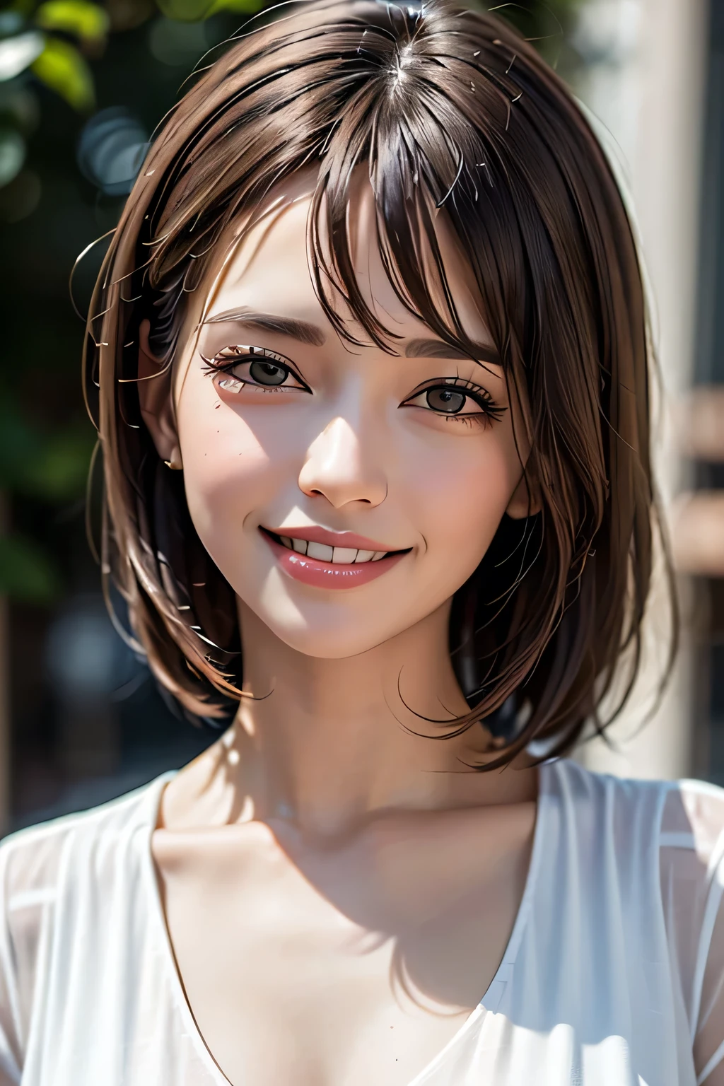 ((masterpiece)), ((Highest quality)), ((Complex)), ((Surreal)), (Realistic), (Mature Woman), ((There are no classes)), Very detailed, (1 female), Beautiful and exquisite, (Beautiful Teeth), Grin, Brunette Bob Hair, Brown eyes, ((blouse)), (Upper Body), (background:none), Perfect Eyes, Captivating eyes, Looking at the audience