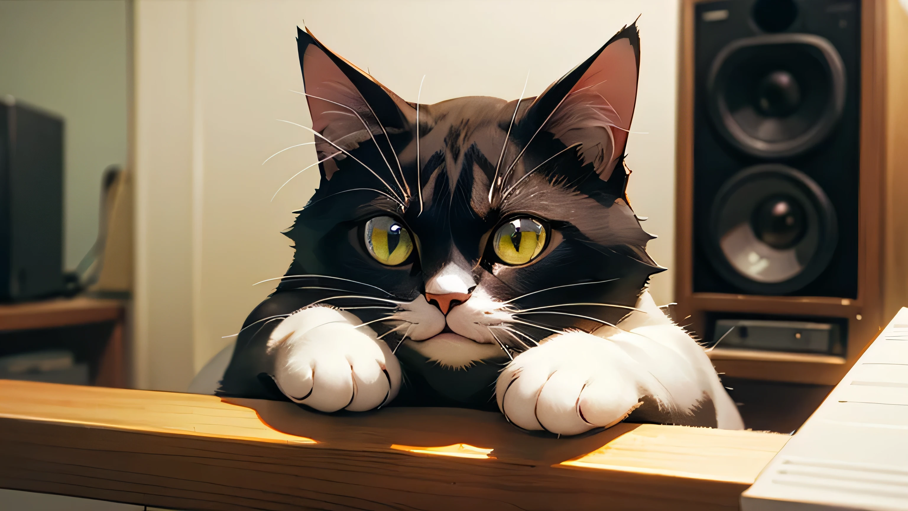 Room with speakers、、Realistic Cat、Upper body close-up、noon