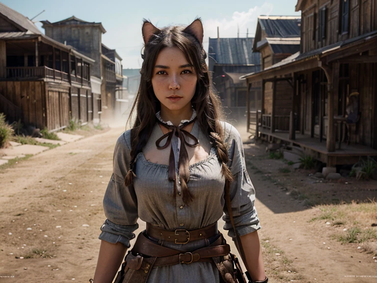 Hyper Realistic 1girl in Old West Clothing, anime face, young girl, fog and shine, Fantasy Art, Photorealistic, Dynamic Lighting, Artstation, Highly Detailed Face, 4K, Award Winning, cat ear, full body with sword, bloody appearance
