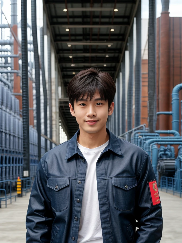 独奏: 1.5, (As a matter of fact, Masterpiece, 8k HD, good light quality, sportswear, fit the face, complicated details), A handsome Korean young man with muscular arms. , 20 years old, be happy, smile brightly, detailed face, delicate eyes, look at the sky, Wear a navy tight T-shirt.:1.6 ,Wear a denim coat., jeans period, black eyes, Black hair color, ผมsmooth, smooth,Surreal,Awesome details,Highest quality,real,Open your mouth to talk. , Close your eyes., (standing in an industrial factory:1.5)