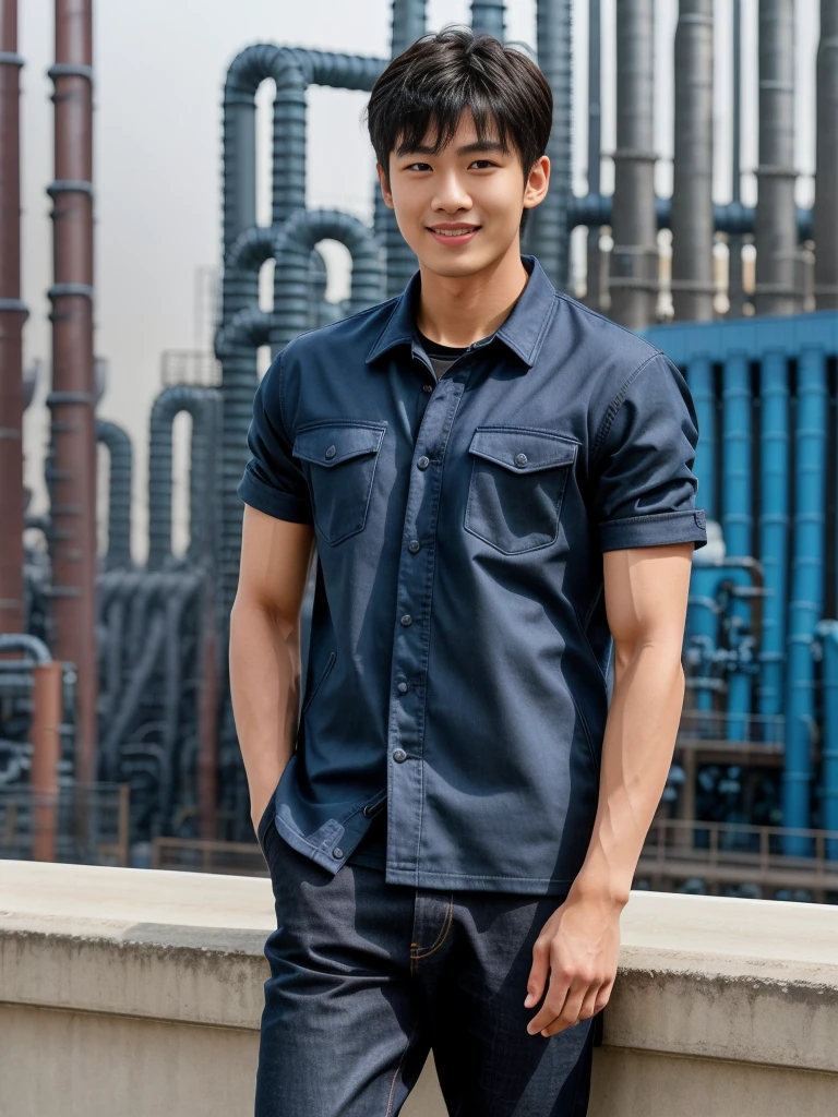 独奏: 1.5, (As a matter of fact, Masterpiece, 8k HD, good light quality, sportswear, fit the face, complicated details), A handsome Korean young man with muscular arms. , 20 years old, be happy, smile brightly, detailed face, delicate eyes, look at the sky, Wear a navy tight T-shirt.:1.6 ,Wear a denim coat., jeans period, black eyes, Black hair color, ผมsmooth, smooth，Surreal，Awesome details，Highest quality，real，Open your mouth to talk. , Close your eyes., (standing in an industrial factory:1.5)