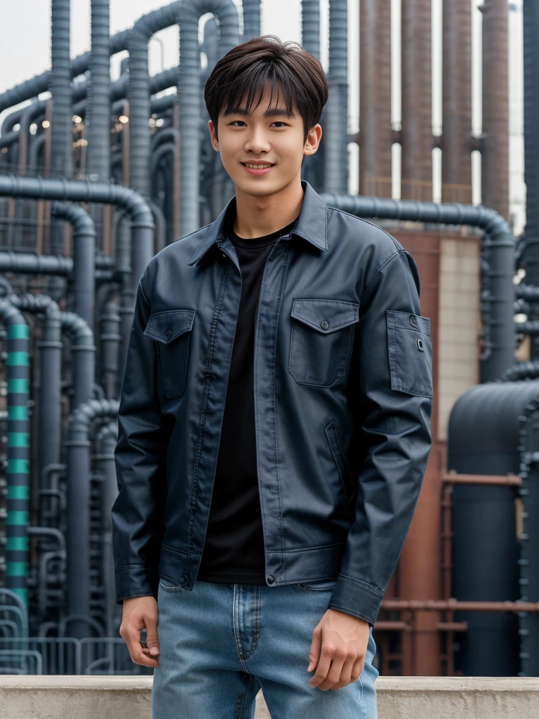 独奏: 1.5, (As a matter of fact, Masterpiece, 8k HD, good light quality, sportswear, fit the face, complicated details), A handsome Korean young man with muscular arms. , 20 years old, be happy, smile brightly, detailed face, delicate eyes, look at the sky, Wear a navy tight T-shirt.:1.6 ,Wear a denim coat., jeans period, black eyes, Black hair color, ผมsmooth, smooth，Surreal，Awesome details，Highest quality，real，Open your mouth to talk. , Close your eyes., (standing in an industrial factory:1.5)