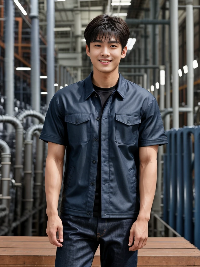 独奏: 1.5, (As a matter of fact, Masterpiece, 8k HD, good light quality, sportswear, fit the face, complicated details), A handsome Korean young man with muscular arms. , 20 years old, be happy, smile brightly, detailed face, delicate eyes, look at the sky, Wear a navy tight T-shirt.:1.6 ,Wear a denim coat., jeans period, black eyes, Black hair color, ผมsmooth, smooth,Surreal,Awesome details,Highest quality,real,Open your mouth to talk. , Close your eyes., (standing in an industrial factory:1.5)