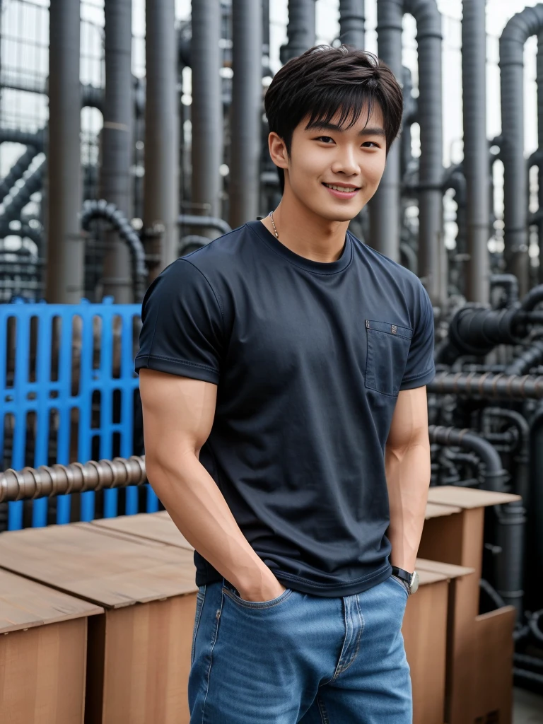 独奏: 1.5, (As a matter of fact, Masterpiece, 8k HD, good light quality, sportswear, fit the face, complicated details), A handsome Korean young man with muscular arms. , 20 years old, be happy, smile brightly, detailed face, delicate eyes, look at the sky, Wear a navy tight T-shirt.:1.6 ,Wear a denim coat., jeans period, black eyes, Black hair color, ผมsmooth, smooth，Surreal，Awesome details，Highest quality，real，Open your mouth to talk. , Close your eyes., (standing in an industrial factory:1.5)