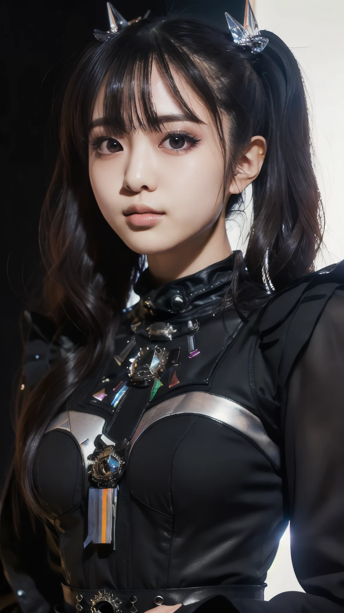 (masterpiece:1.2),(Highest quality:1.2),(Super detailed),(Ultra-high resolution),(Photorealistic Stick),(RAW Photos),8K,wallpaper,Backlight,(Written boundary depth),(Sophisticated lighting:1.1), (Improving cinematic lighting quality:0.9),Photo of a woman in a black dress by Babymetal,((moakiku:1.3)),whole bodyポートレート,(Eye light,Sharp pupils,Detailed eye drawing,)Very beautiful face,(Detailed skin texture:1.3),(Beautiful portrait:1.2),A lovely and delicate face,Beautiful young Japanese woman,front,((whole body)),((Black background:1.3)),(Flashy makeup),((Serious))