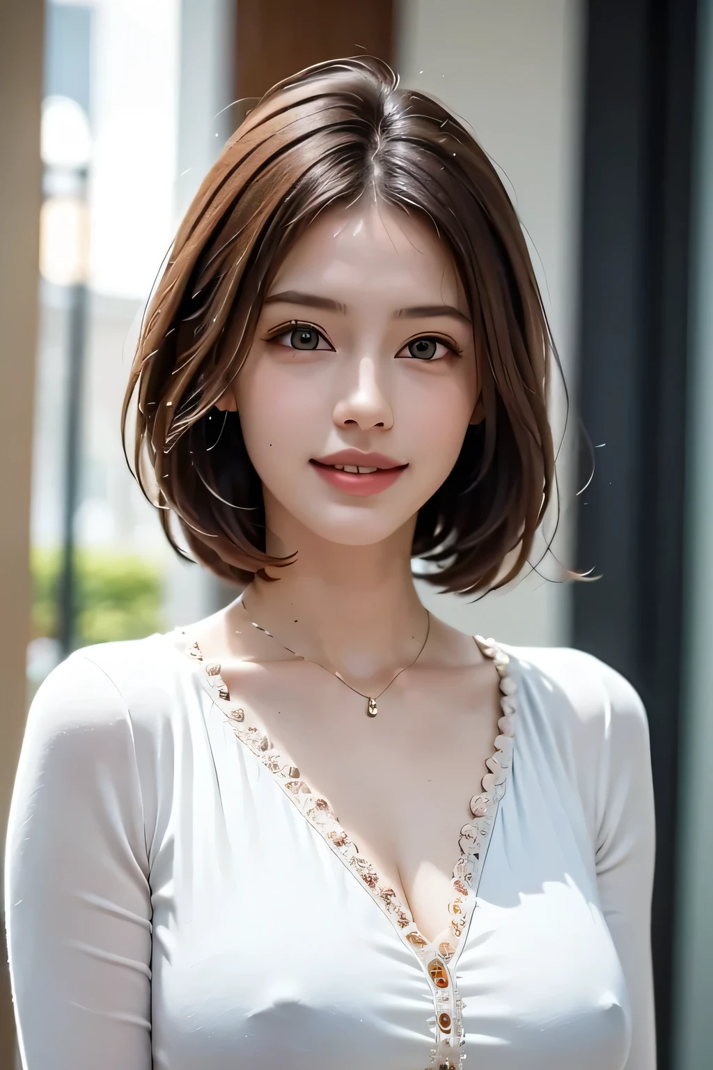 ((masterpiece)), ((Highest quality)), ((Complex)), ((Surreal)), (Realistic), (Mature Woman), ((There are no classes)), Very detailed, (1 female), Beautiful and exquisite, (Beautiful Teeth), Grin, Brunette Bob Hair, Brown eyes, ((blouse)), (Upper Body), (background:none), Perfect Eyes, Captivating eyes, Looking at the audience