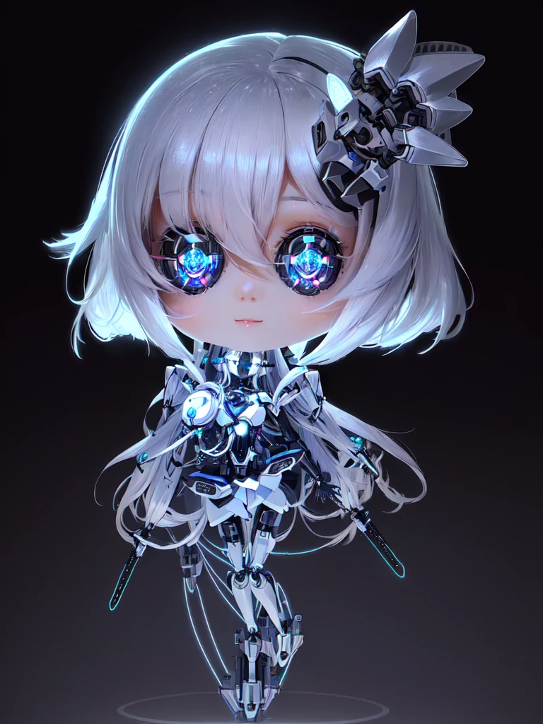 Eyes sparkling super cute AI girl full body ，Big head doll，beautiful, happy, C4D, Long white hair, Kawaii, Humanoid, AIBionic Man，Silver lines，Metal patch，Mechanical accessories，Bionic Man，脸上Silver lines。Smart Assistant，AI Assistant。