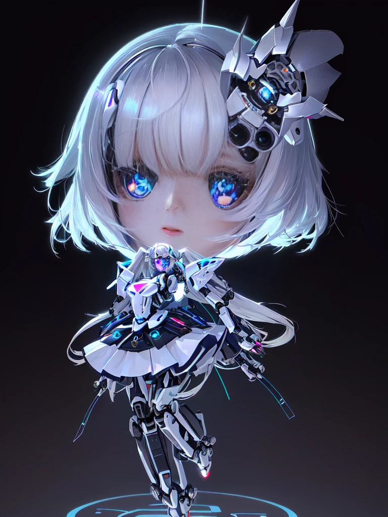 Eyes sparkling super cute AI girl full body ,Big head doll,beautiful, happy, C4D, Long white hair, Kawaii, Humanoid, AIBionic Man,Silver lines,Metal patch,Mechanical accessories,Bionic Man,脸上Silver lines。Smart Assistant,AI Assistant。