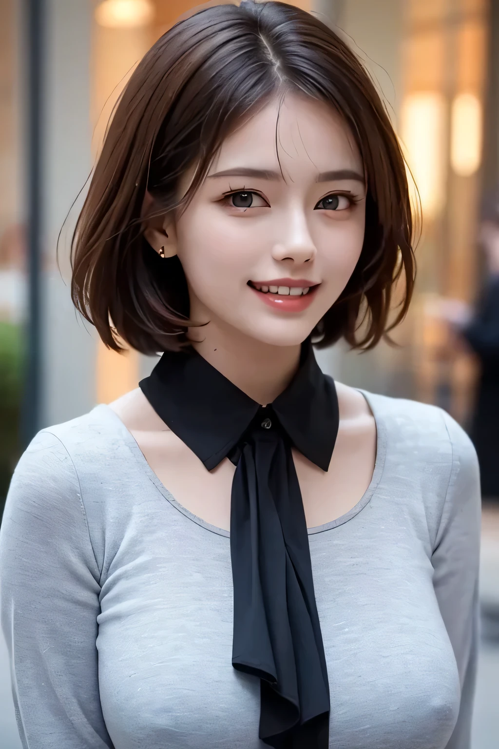 ((masterpiece)), ((Highest quality)), ((Complex)), ((Surreal)), (Realistic), (Mature Woman), ((There are no classes)), Very detailed, (1 female), Beautiful and exquisite, (Beautiful Teeth), Grin, Brunette Bob Hair, Brown eyes, ((blouse)), (Upper Body), (background:none), Perfect Eyes, Captivating eyes, Looking at the audience