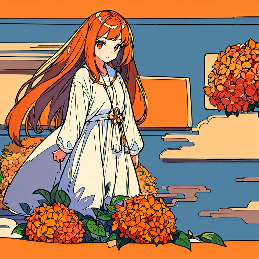 Orange plain background, girl with bronze hair in white clothes, hydrangea, simple, chic, summer
