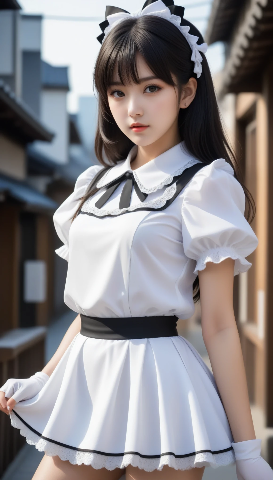 8K, Ultra-high resolution, Highest quality, masterpiece, 三分割法によるphotograph,Surreal, photograph, 1 Girl, (:1.3), pretty girl, Cute face, Beautiful eyes in every detail, 細かくdetailedに,masterpiece,One Girl:1.2, Japan Female Announcer, whole body,glaring,Black Hair,Bob with bangs,A city near the future,cyber punk,(Highest quality, 8K, masterpiece, Best image quality,  Ultra HD, Delicate and smooth skin, Realistic Skin, Perfect and beautiful face ,完璧でCute face, Skin with attention to detail, Perfect limbs、Narrow waist、Thin legs)、Browsing Caution、Sulky face、(A fusion of Lolita fashind maid outfits),Beautiful leg line beauty,Looking at the audience、beauty,Long neck、(((Ideal body type))),A cup small breasts :2,、Portraiture:2、Perfect Anatomy、鮮明なdetailed、detailed、Surreal、Light and shadow,Strong light