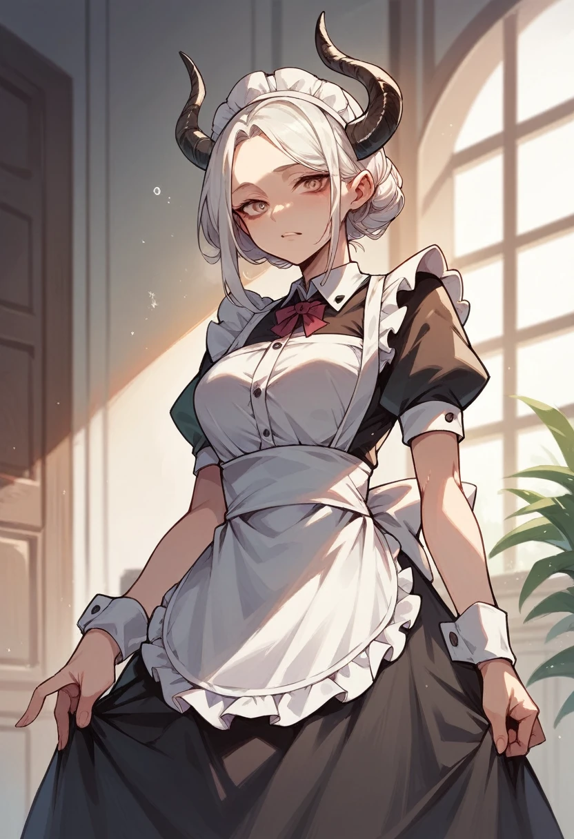 White-haired girl with a horn on her forehead and a maid&#39;s dress that exposes her abdomen 