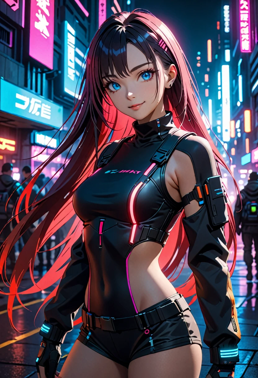 masterpiece , female , Red very long hair , blue eyes ,  gradient , perfect look , ( tech wear:1.2) , cyberpunk , future , modern , in cyberpunk city, light smile , detailed face ,, , (8K,  Best Quality 1.2),  very detailed, 8K uhd,, soft lighting, high quality, film grain,   beautiful lighting,, (cinematic:1.4) ,perfect body , best lighting, best shadow,  sharpness, difference,