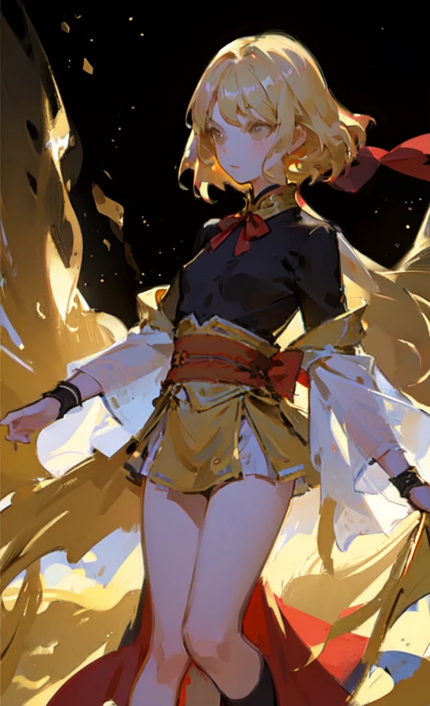 1. ,白色ballet天鹅裙,Bright red ribbon dance shoes,ballet,Blonde short hair,Bangs,whole body,(dynamic),Dance,Standing on a giant music box,Gold Theme,Light,dust,((No facial depiction)),(Empty face),Simple dark background