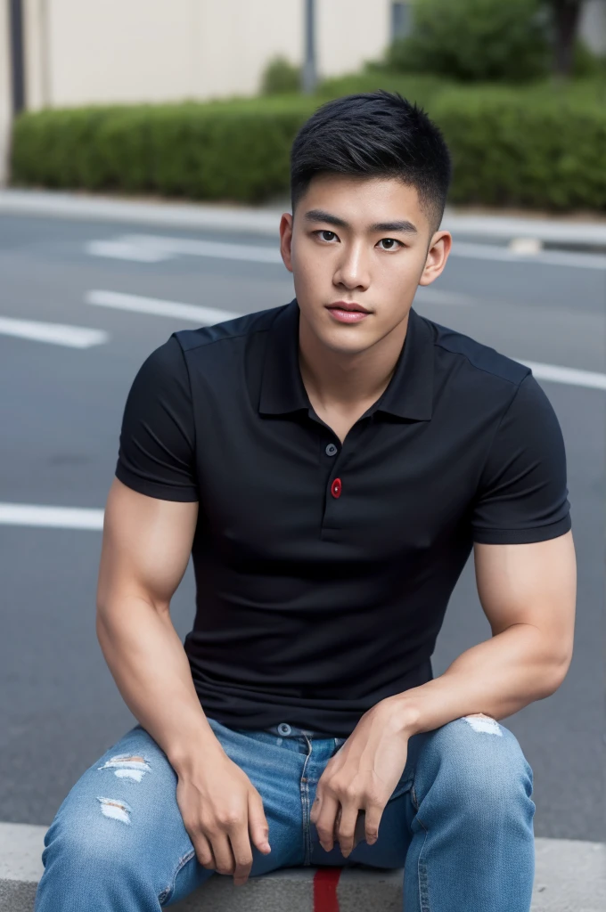 ((realistic daylight)) , Young Korean man in a black polo shirt and jeans, A handsome, muscular young Asian man looks at the camera. In a simple t-shirt blue and red , roadside traffic ,((look sideways))