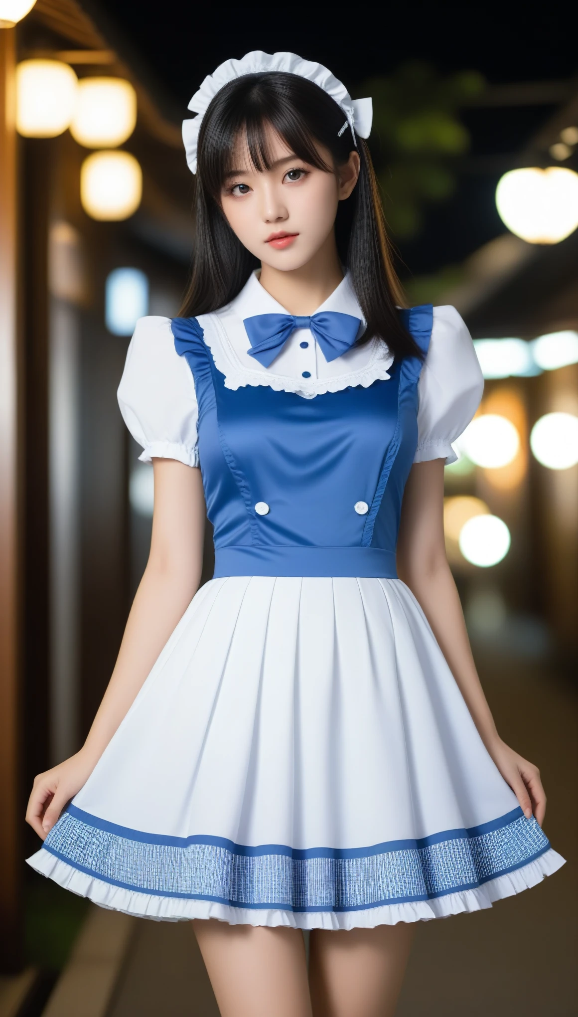 8K, Ultra-high resolution, Highest quality, masterpiece, 三分割法によるphotograph,Surreal, photograph, 1 Girl, (:1.3), pretty girl, Cute face, Beautiful eyes in every detail, 細かくdetailedに,masterpiece,One Girl:1.2, Japan Female Announcer, whole body,glaring,Black Hair,Bob with bangs,A city near the future,cyber punk,(Highest quality, 8K, masterpiece, Best image quality, Ultra HD, Delicate and smooth skin, Realistic Skin, Perfect and beautiful face ,完璧でCute face, Skin with attention to detail, Perfect limbs、Narrow waist、Thin legs)、Browsing Caution、Sulky face、(A fusion of Lolita fashind maid outfits),Beautiful leg line beauty,Looking at the audience、beauty,Long neck、(((Ideal body type))),A cup small breasts :2,、Portraiture:2、Perfect Anatomy、鮮明なdetailed、detailed、Surreal、Light and shadow,Strong light