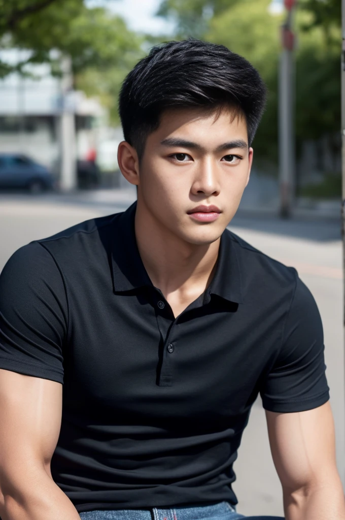 ((realistic daylight)) , Young Korean man in a black polo shirt and jeans, A handsome, muscular young Asian man looks at the camera. In a simple t-shirt blue and red , roadside traffic ,((look sideways))